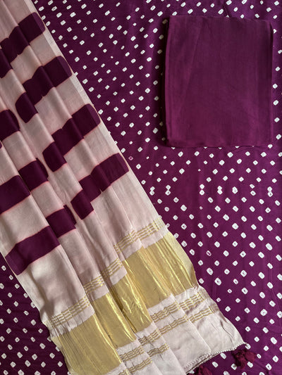 SHRADDHA :Handmade Designer Bandhnai- Clamp Modal Silk 3 Piece Suit Set.