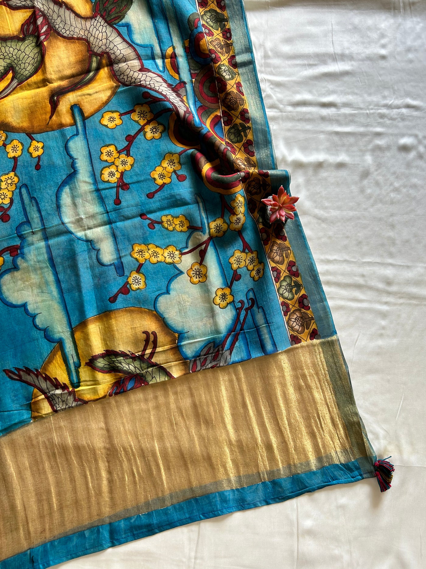 PARINDE: CREAM,HANDDRAWN&HANDPAINTED PENKALAMKARI CHANDERI TISSUE DUPATTA WITH DYED MODAL SILK SUIT SET