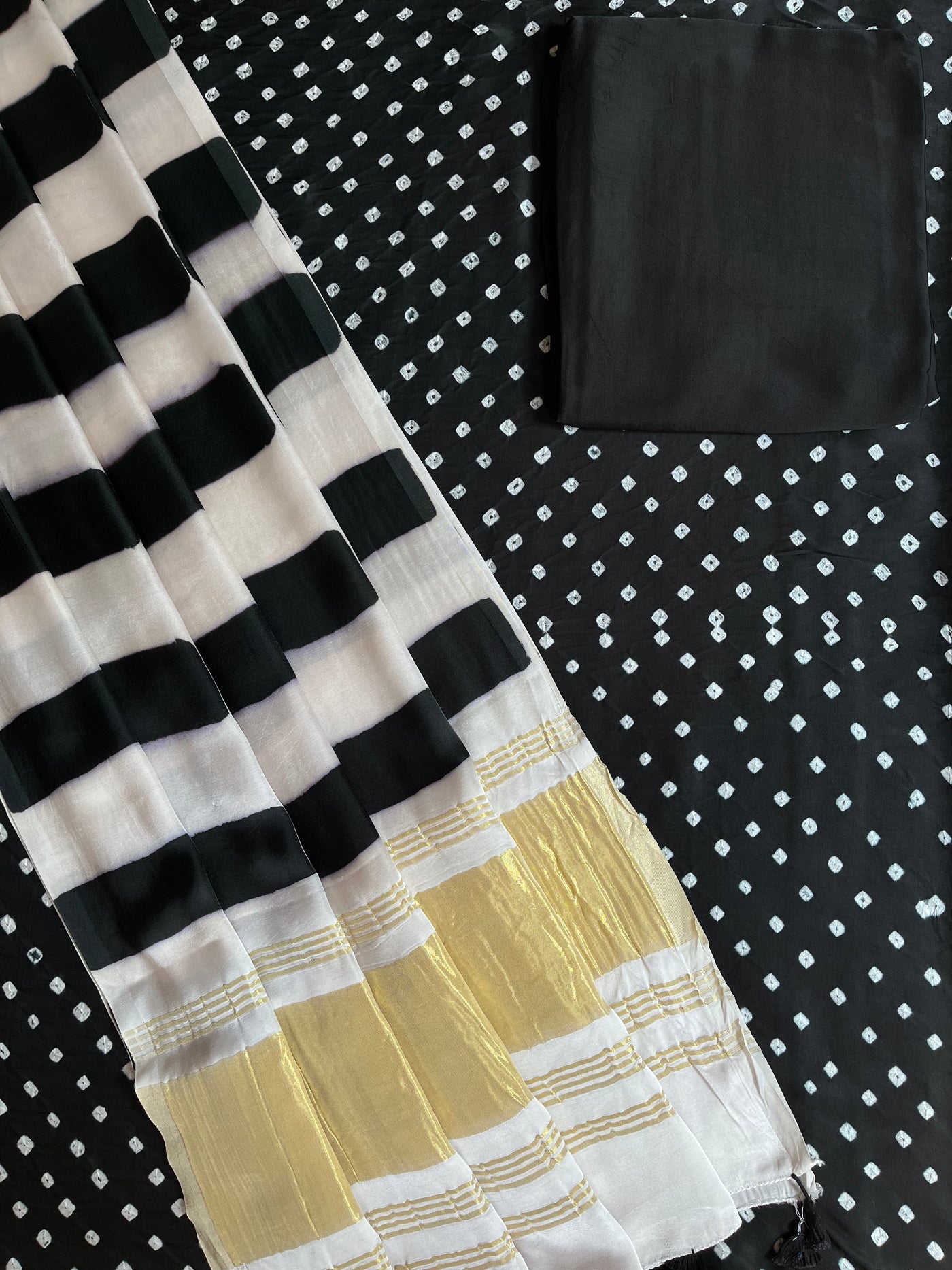 KHWAISH :Handmade Designer Bandhnai- Clamp Modal Silk 3 Piece Suit Set.