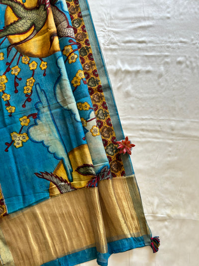 PARINDE: CREAM,HANDDRAWN&HANDPAINTED PENKALAMKARI CHANDERI TISSUE DUPATTA WITH DYED MODAL SILK SUIT SET