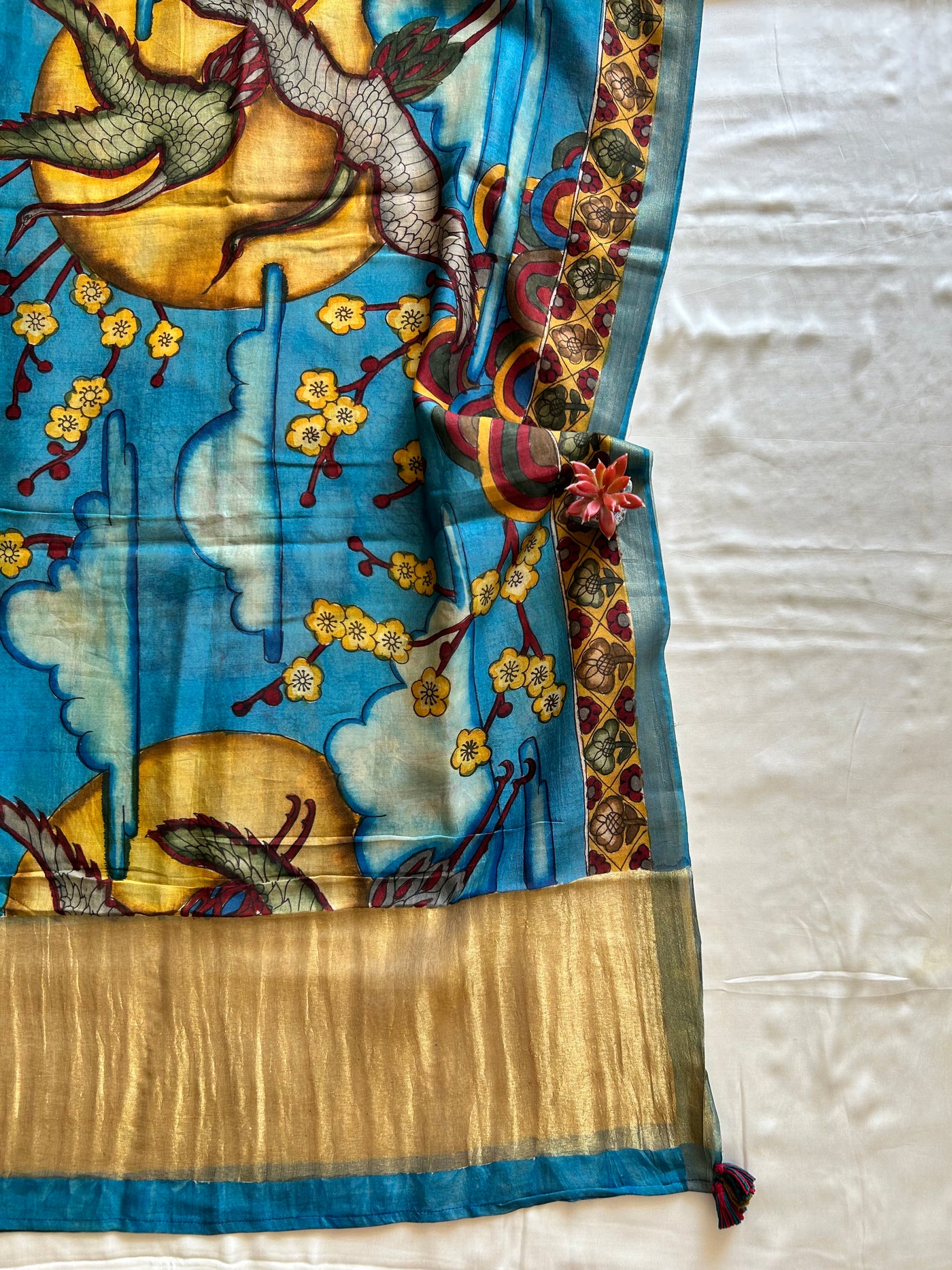 PARINDE: CREAM,HANDDRAWN&HANDPAINTED PENKALAMKARI CHANDERI TISSUE DUPATTA WITH DYED MODAL SILK SUIT SET