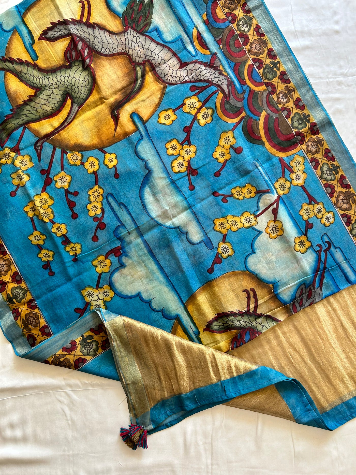 PARINDE: CREAM,HANDDRAWN&HANDPAINTED PENKALAMKARI CHANDERI TISSUE DUPATTA WITH DYED MODAL SILK SUIT SET