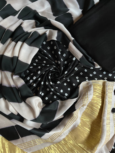 KHWAISH :Handmade Designer Bandhnai- Clamp Modal Silk 3 Piece Suit Set.