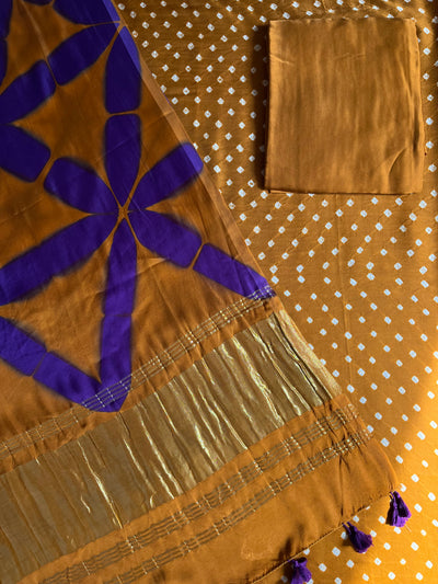 KALAKRITI :Handmade Designer Bandhnai- Clamp Modal Silk 3 Piece Suit Set.