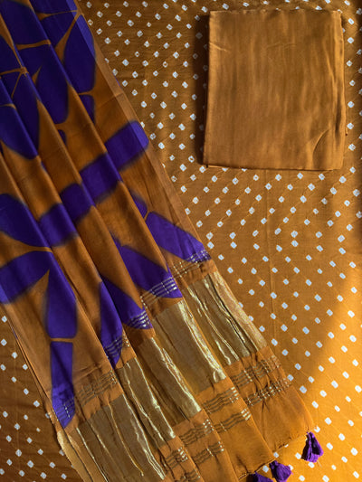 KALAKRITI :Handmade Designer Bandhnai- Clamp Modal Silk 3 Piece Suit Set.