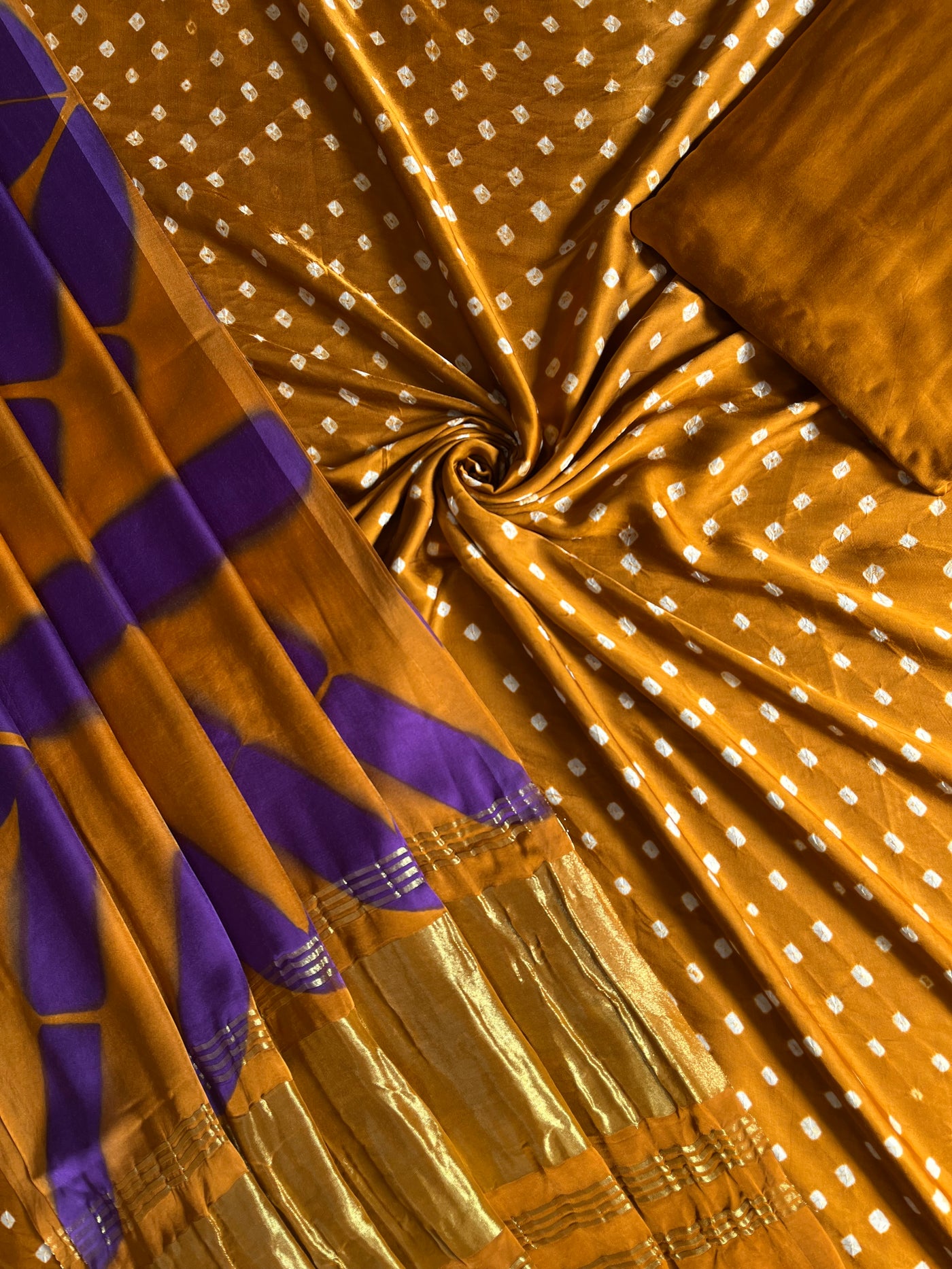 KALAKRITI :Handmade Designer Bandhnai- Clamp Modal Silk 3 Piece Suit Set.