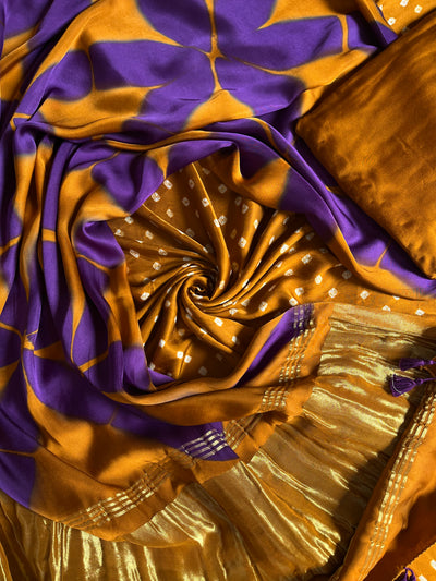 KALAKRITI :Handmade Designer Bandhnai- Clamp Modal Silk 3 Piece Suit Set.