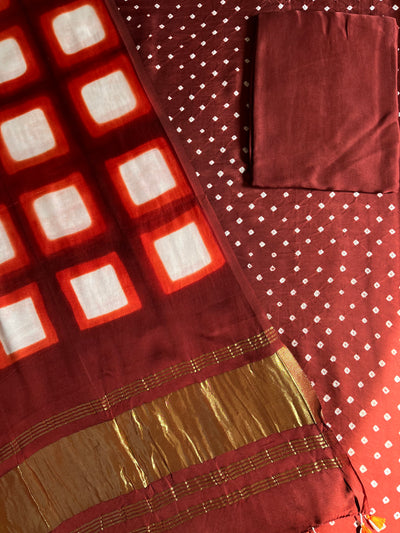 HARSHITA :Handmade Designer Bandhnai- Clamp Modal Silk 3 Piece Suit Set.