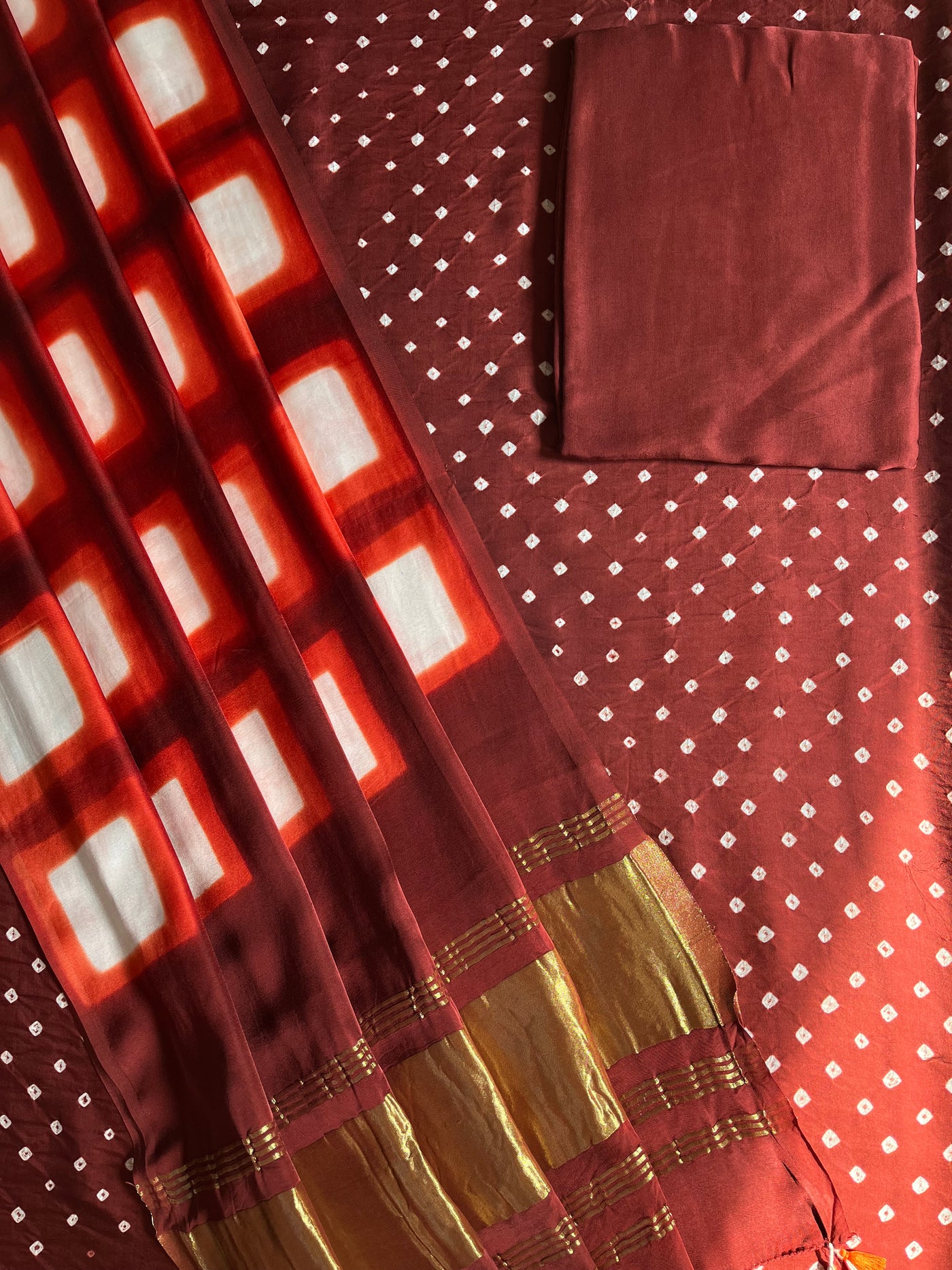 HARSHITA :Handmade Designer Bandhnai- Clamp Modal Silk 3 Piece Suit Set.