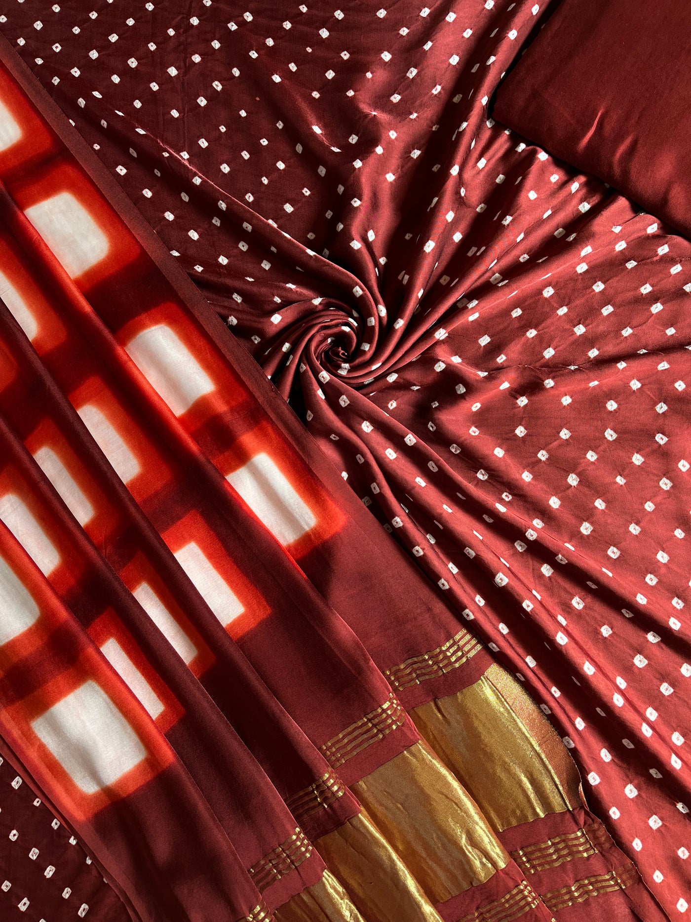 HARSHITA :Handmade Designer Bandhnai- Clamp Modal Silk 3 Piece Suit Set.