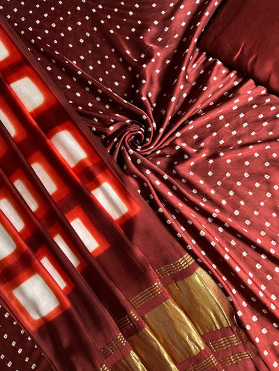 HARSHITA :Handmade Designer Bandhnai- Clamp Modal Silk 3 Piece Suit Set.