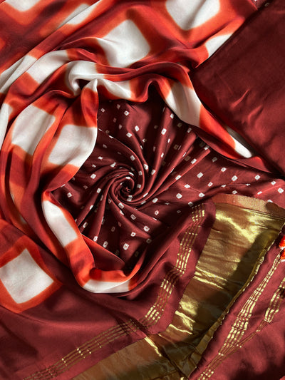 HARSHITA :Handmade Designer Bandhnai- Clamp Modal Silk 3 Piece Suit Set.