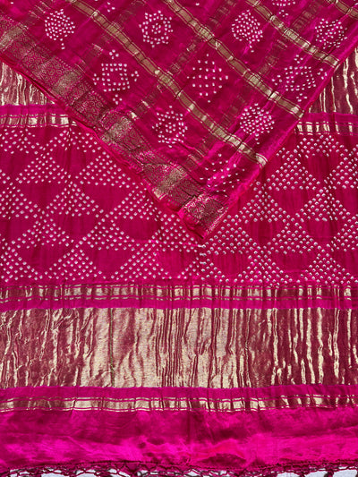 KINJAL : GULABI, Handmade Bandhani Pure Gajji Silk Gharchola Saree