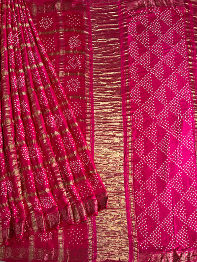 KINJAL : GULABI, Handmade Bandhani Pure Gajji Silk Gharchola Saree