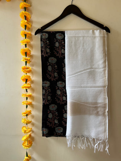 SUGANDH :HANDBLOCK AJRAKH COTTON 3 PIECE SUIT SET WITH KOTA DORIA DUPATTA