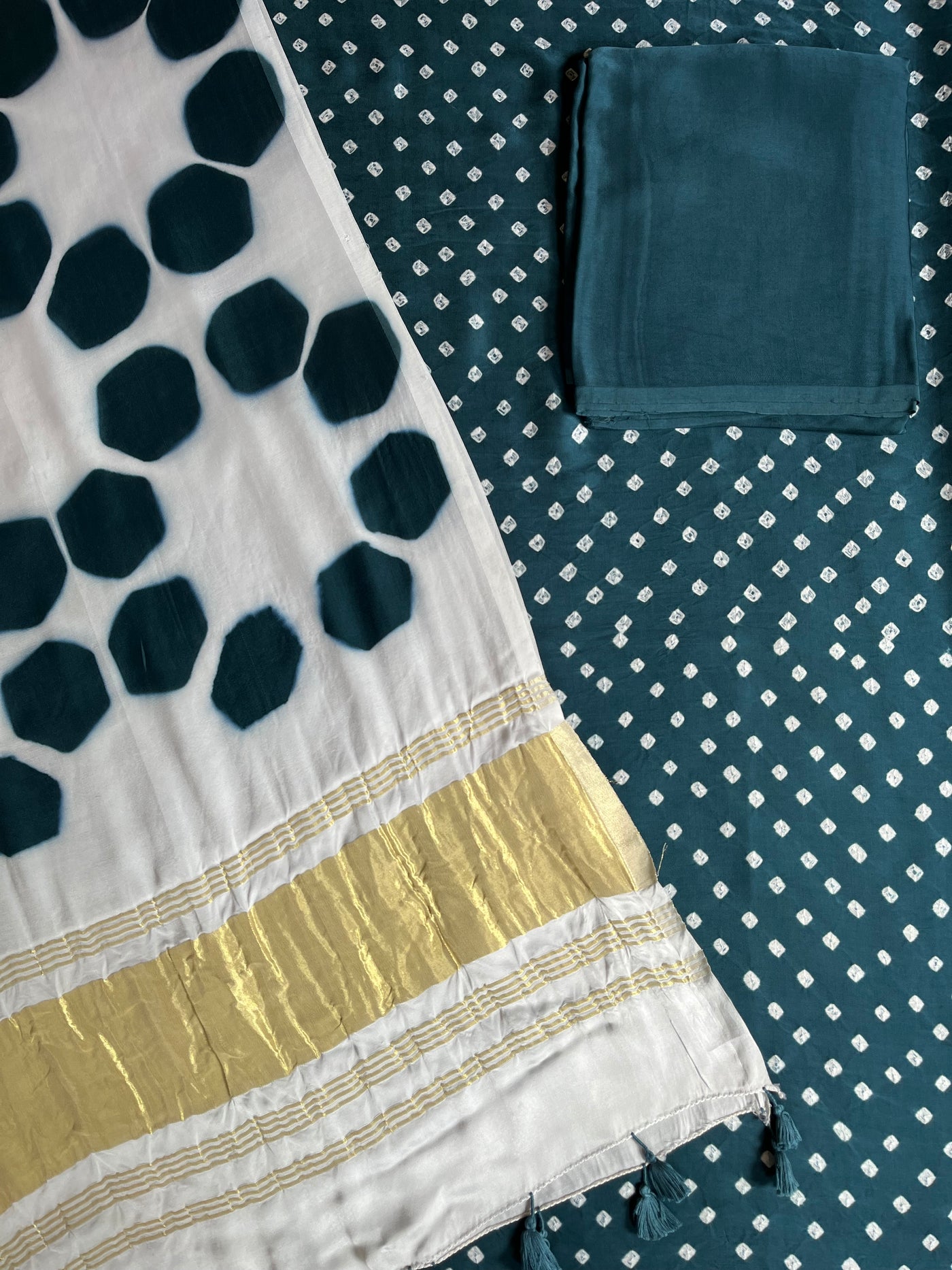 ARPITA :Handmade Designer Bandhnai- Clamp Modal Silk 3 Piece Suit Set.
