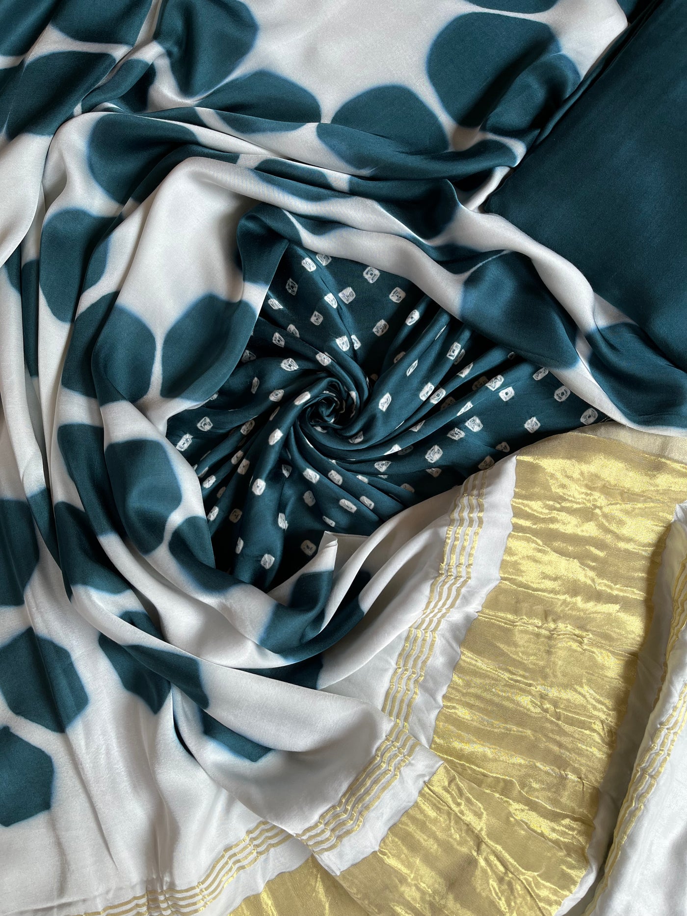 ARPITA :Handmade Designer Bandhnai- Clamp Modal Silk 3 Piece Suit Set.