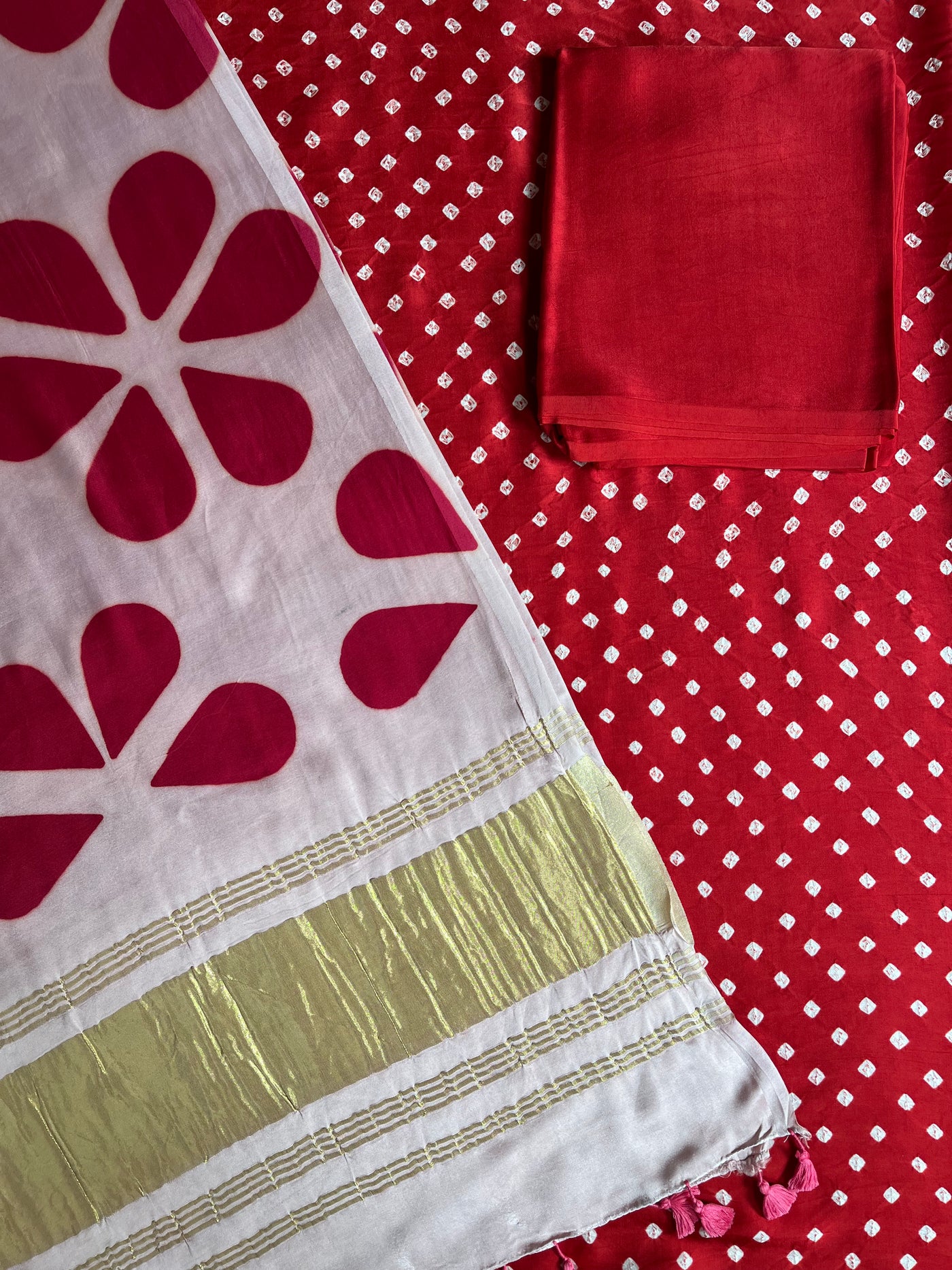 PIHU :Handmade Designer Bandhnai- Clamp Modal Silk 3 Piece Suit Set.