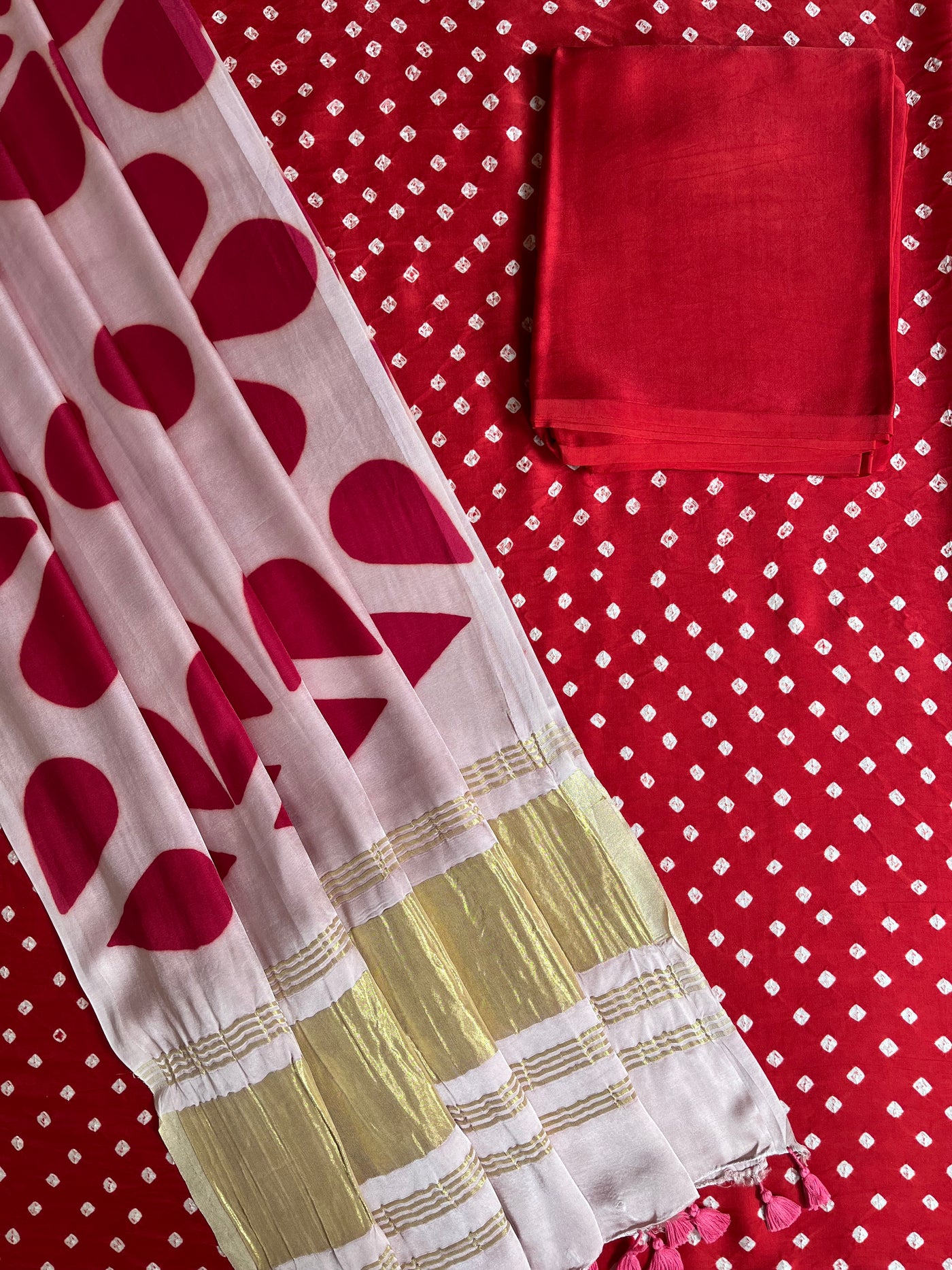 PIHU :Handmade Designer Bandhnai- Clamp Modal Silk 3 Piece Suit Set.