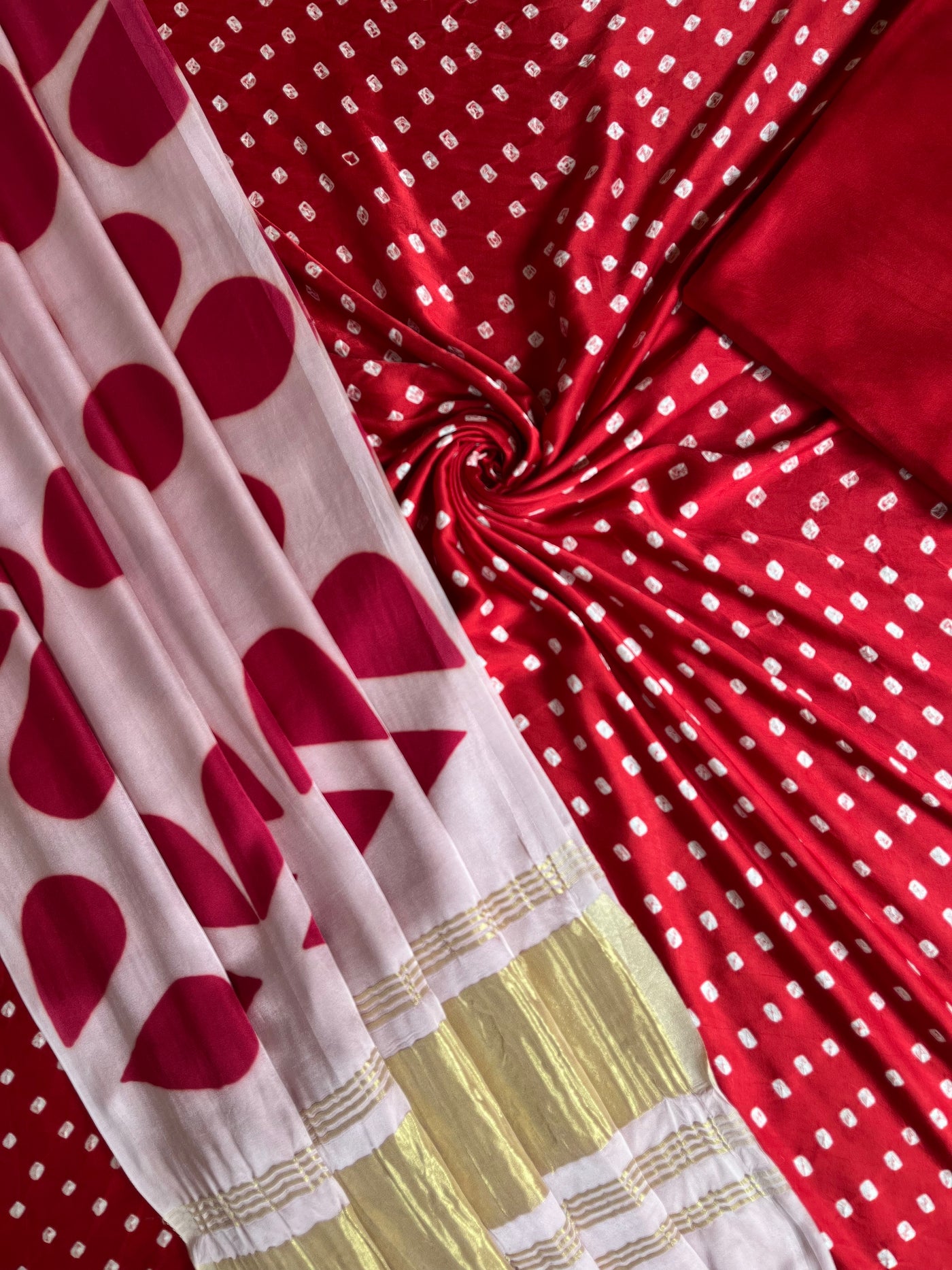 PIHU :Handmade Designer Bandhnai- Clamp Modal Silk 3 Piece Suit Set.