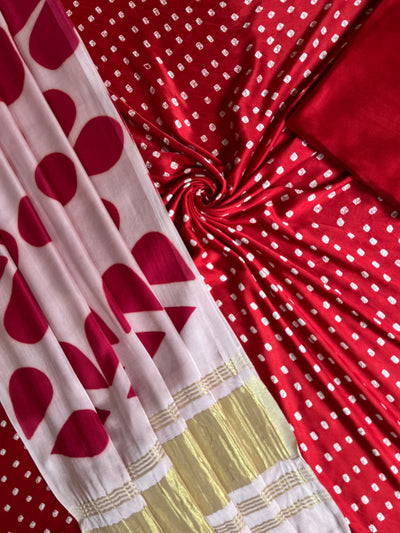 PIHU :Handmade Designer Bandhnai- Clamp Modal Silk 3 Piece Suit Set.