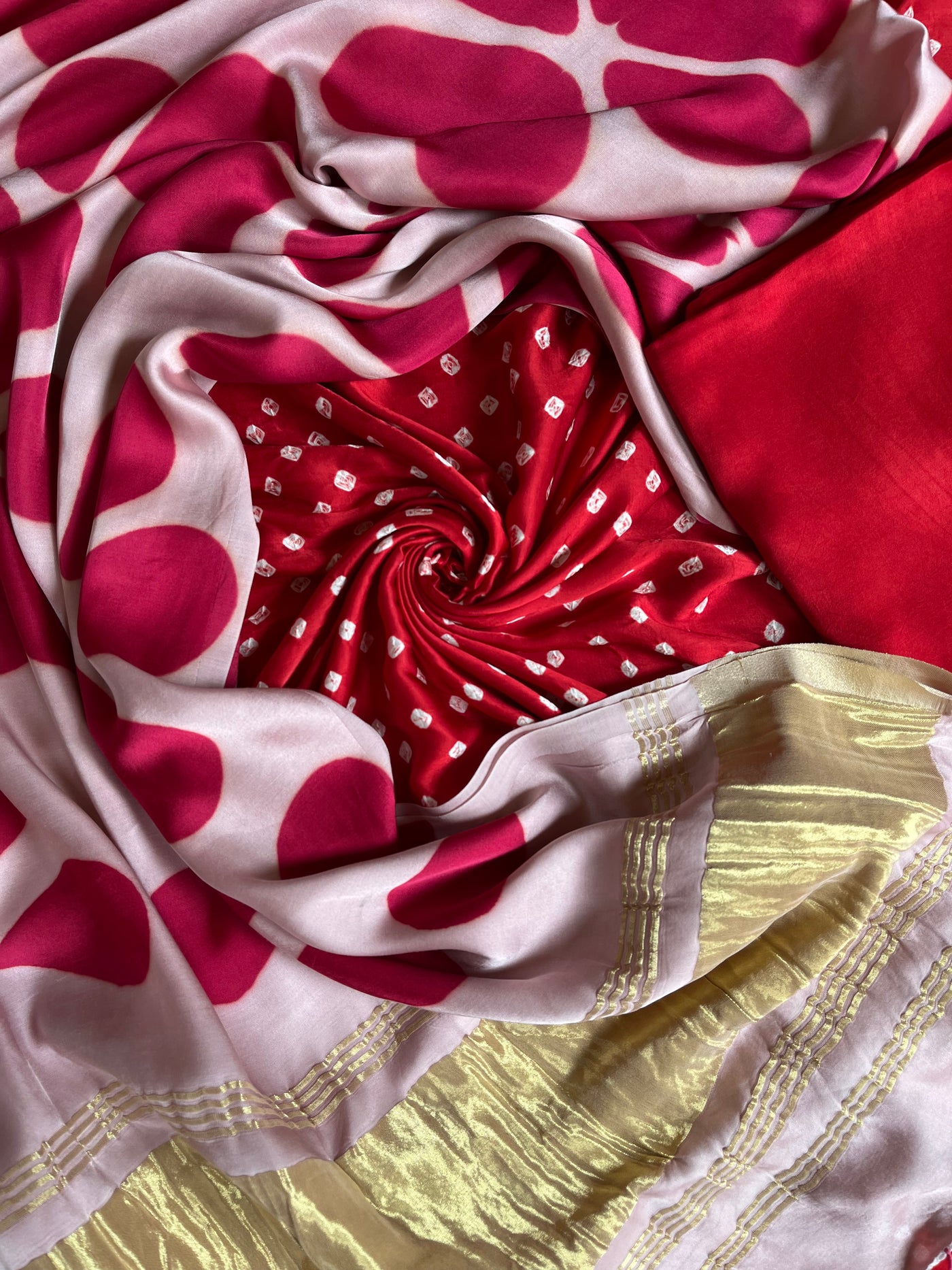 PIHU :Handmade Designer Bandhnai- Clamp Modal Silk 3 Piece Suit Set.