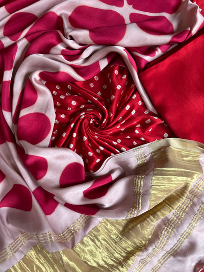 PIHU :Handmade Designer Bandhnai- Clamp Modal Silk 3 Piece Suit Set.