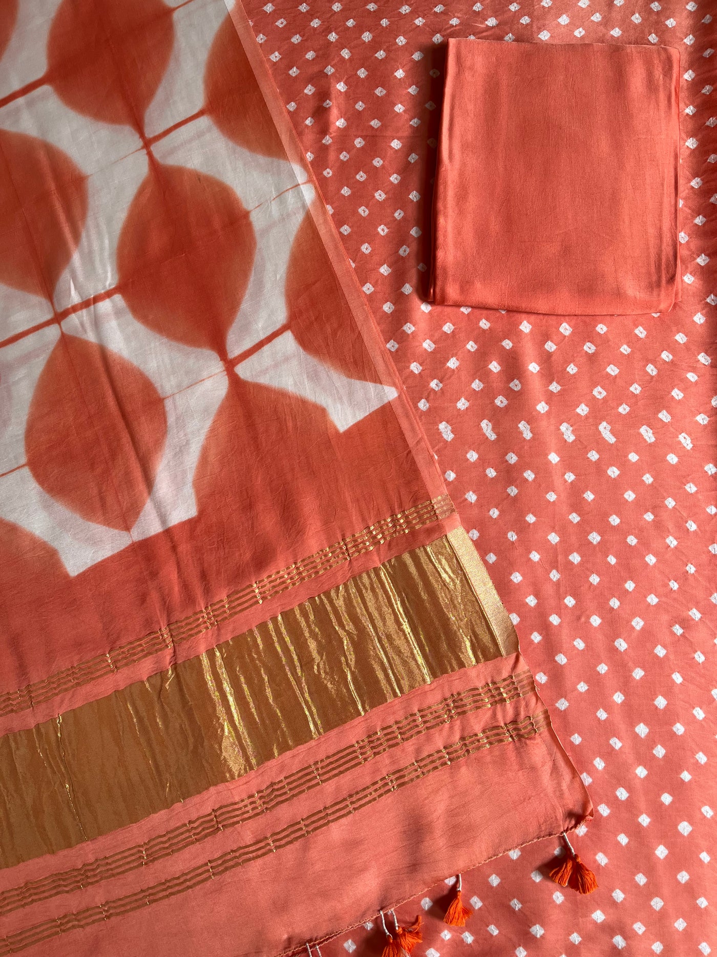 TWINKLE :Handmade Designer Bandhnai- Clamp Modal Silk 3 Piece Suit Set.