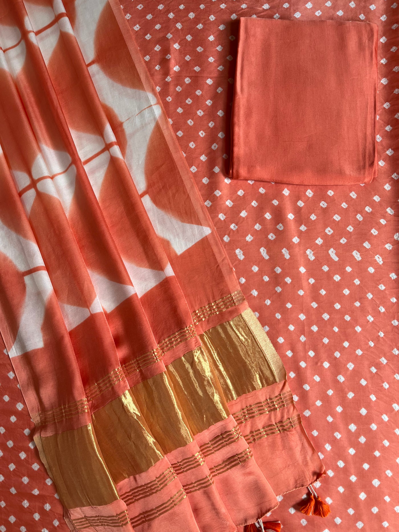 TWINKLE :Handmade Designer Bandhnai- Clamp Modal Silk 3 Piece Suit Set.