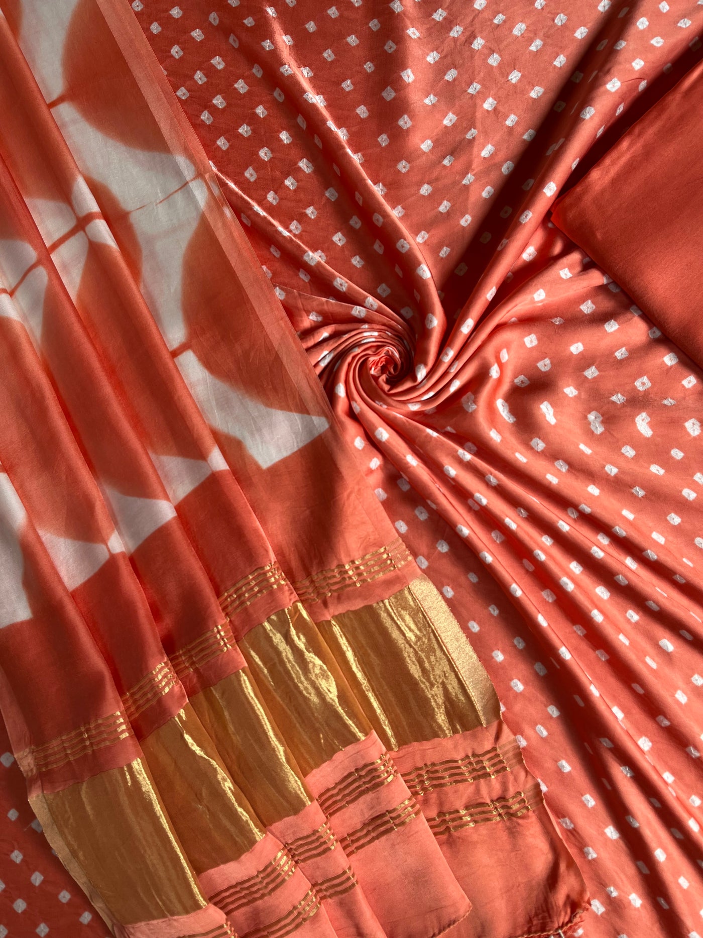 TWINKLE :Handmade Designer Bandhnai- Clamp Modal Silk 3 Piece Suit Set.