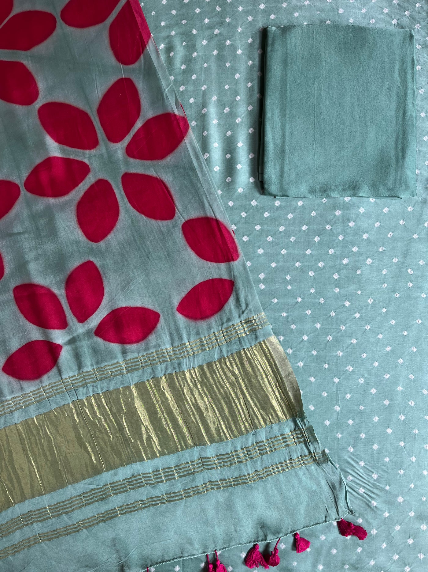 TAPTI :Handmade Designer Bandhnai- Clamp Modal Silk 3 Piece Suit Set.