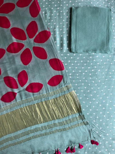 TAPTI :Handmade Designer Bandhnai- Clamp Modal Silk 3 Piece Suit Set.