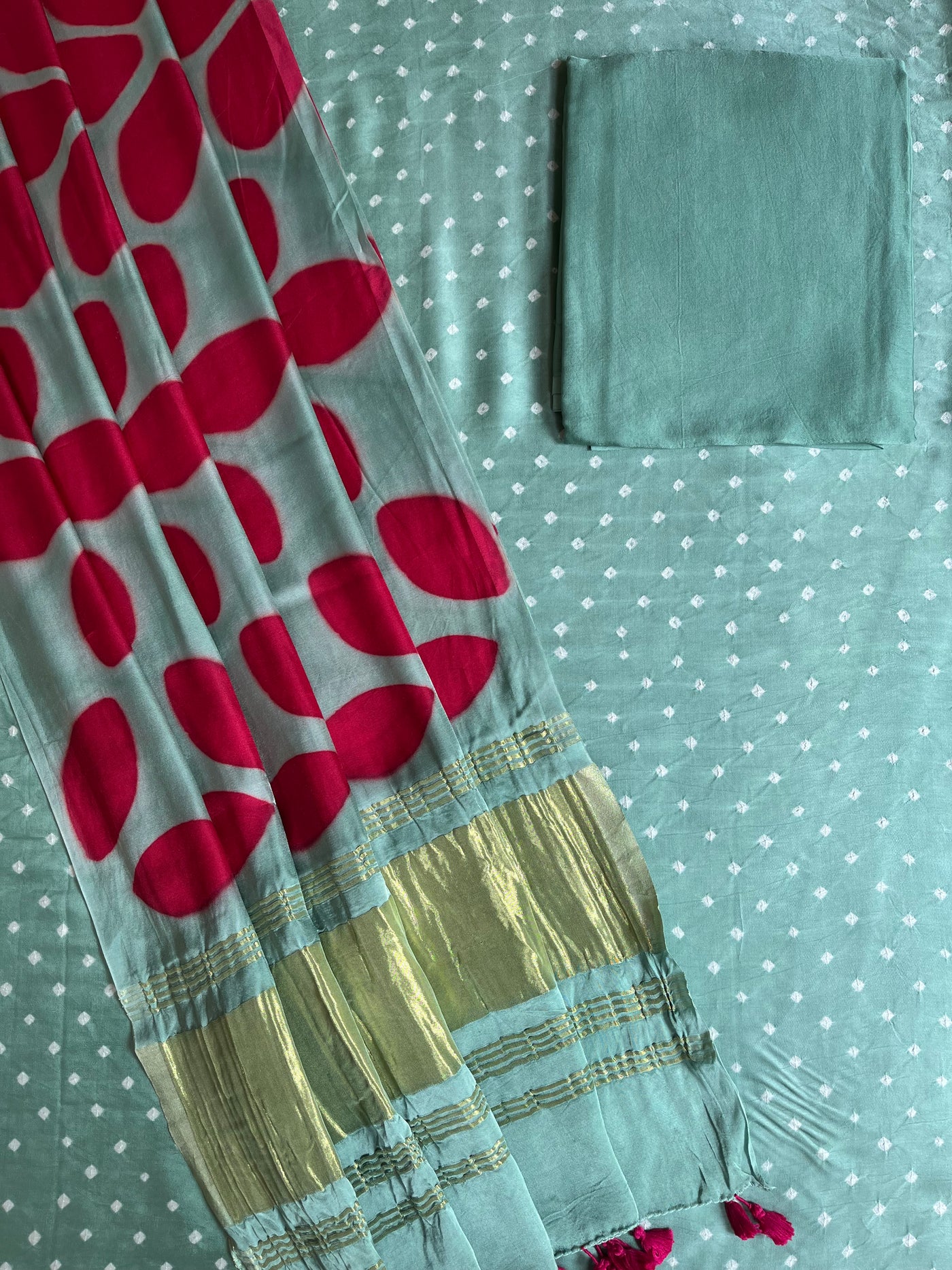 TAPTI :Handmade Designer Bandhnai- Clamp Modal Silk 3 Piece Suit Set.