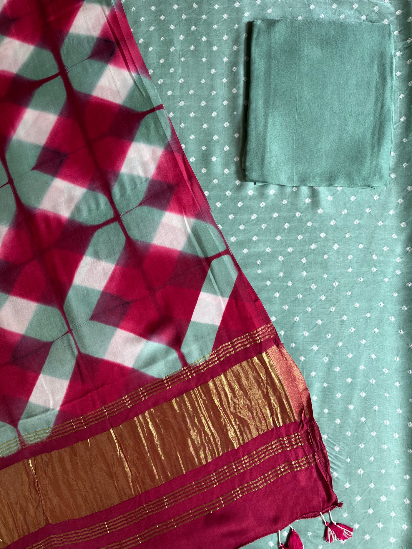 UNNATI :Handmade Designer Bandhnai- Clamp Modal Silk 3 Piece Suit Set.