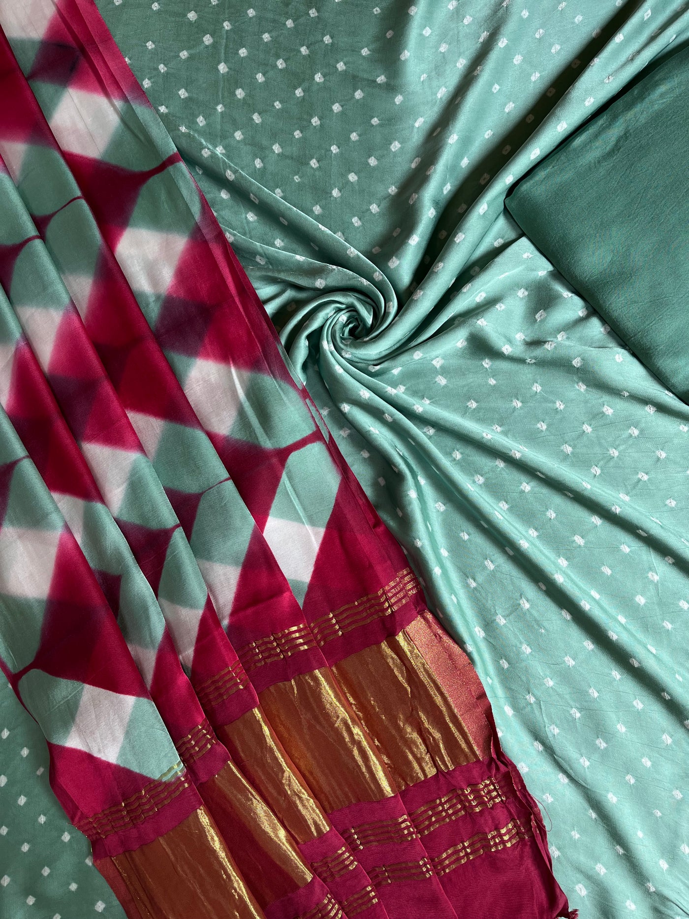 UNNATI :Handmade Designer Bandhnai- Clamp Modal Silk 3 Piece Suit Set.