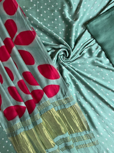 TAPTI :Handmade Designer Bandhnai- Clamp Modal Silk 3 Piece Suit Set.