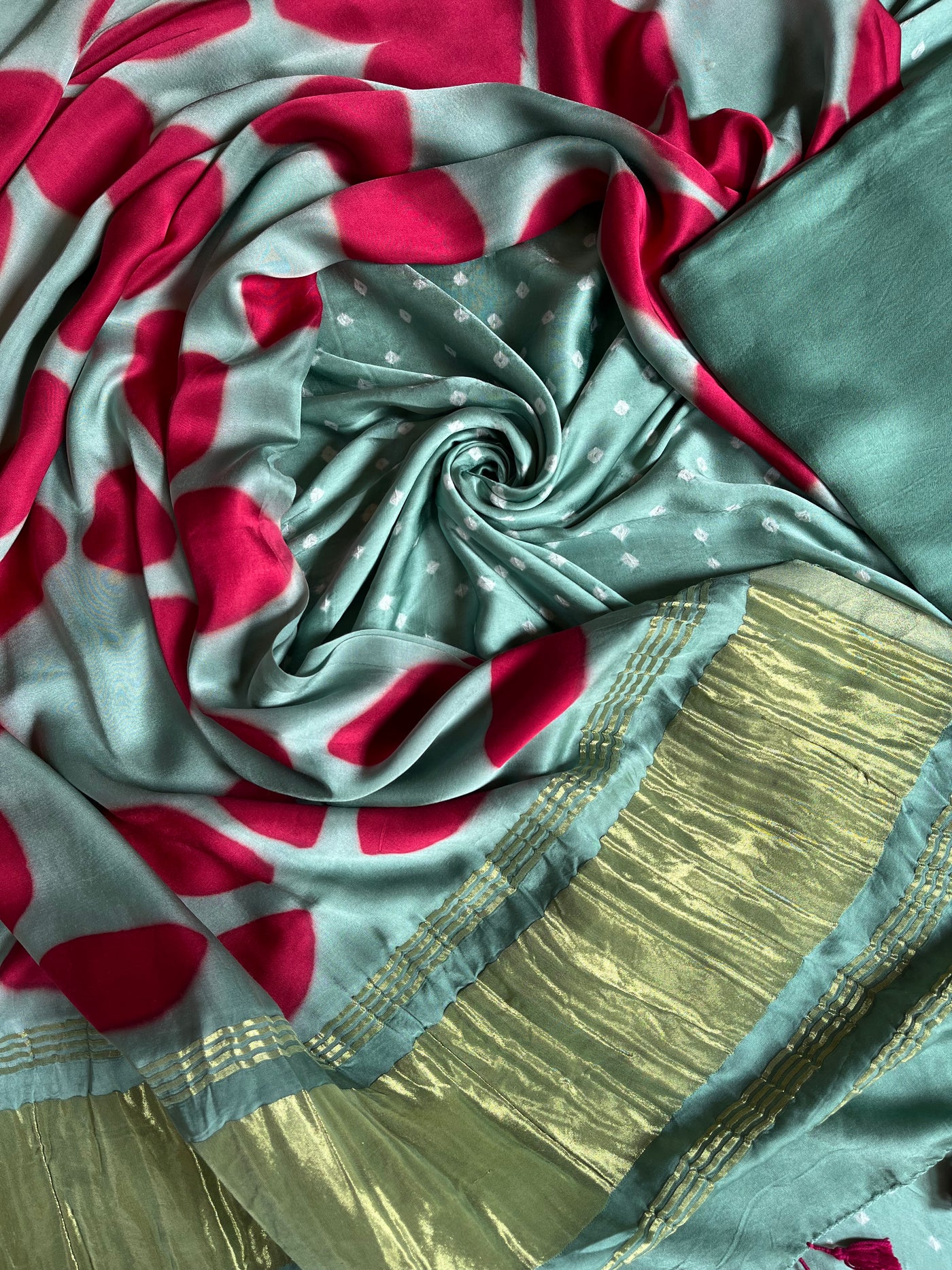 TAPTI :Handmade Designer Bandhnai- Clamp Modal Silk 3 Piece Suit Set.