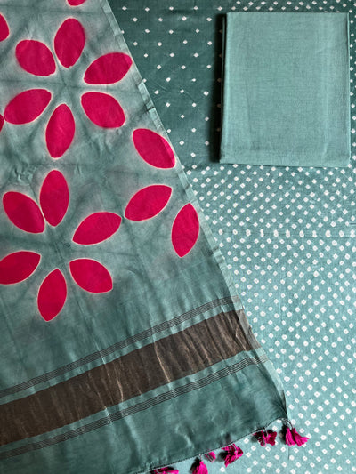 ADA :Handmade Designer Bandhnai- Clamp Chanderi Silk- Cott 3 Piece Suit Set.
