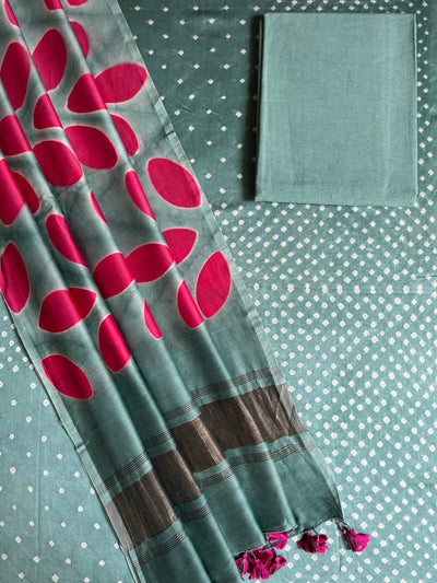 ADA :Handmade Designer Bandhnai- Clamp Chanderi Silk- Cott 3 Piece Suit Set.