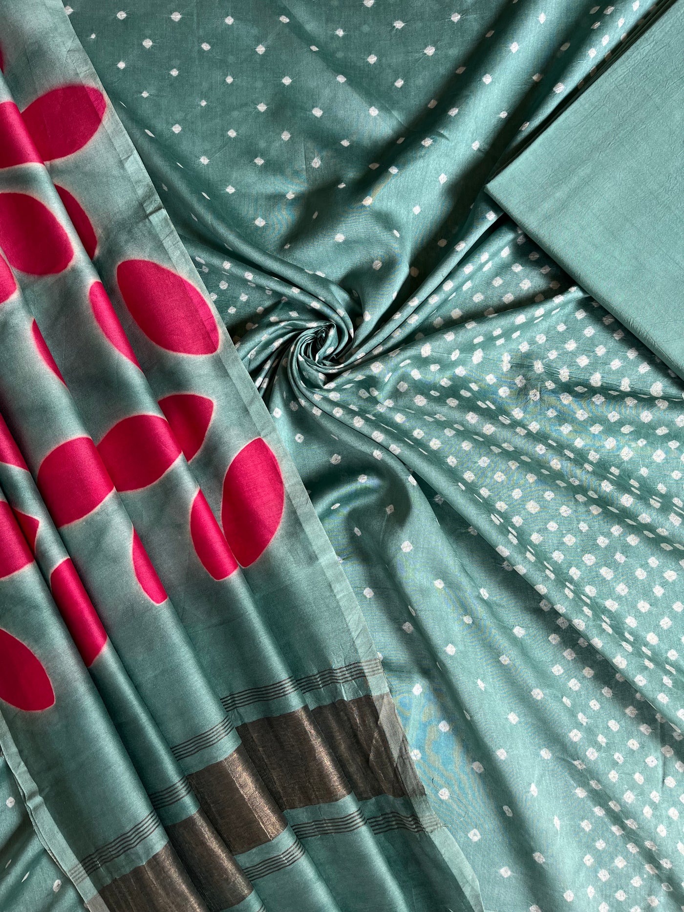 ADA :Handmade Designer Bandhnai- Clamp Chanderi Silk- Cott 3 Piece Suit Set.
