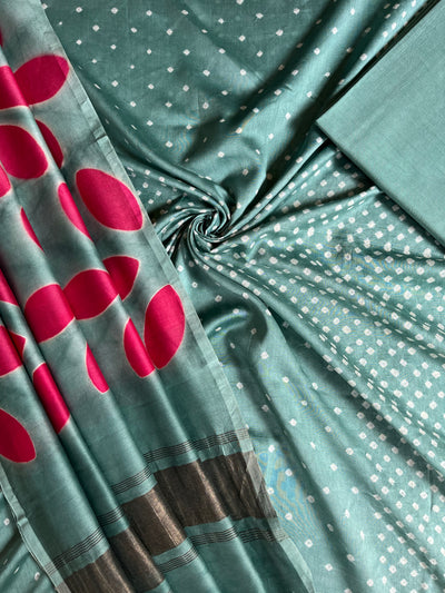 ADA :Handmade Designer Bandhnai- Clamp Chanderi Silk- Cott 3 Piece Suit Set.