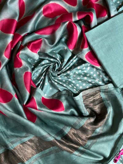 ADA :Handmade Designer Bandhnai- Clamp Chanderi Silk- Cott 3 Piece Suit Set.