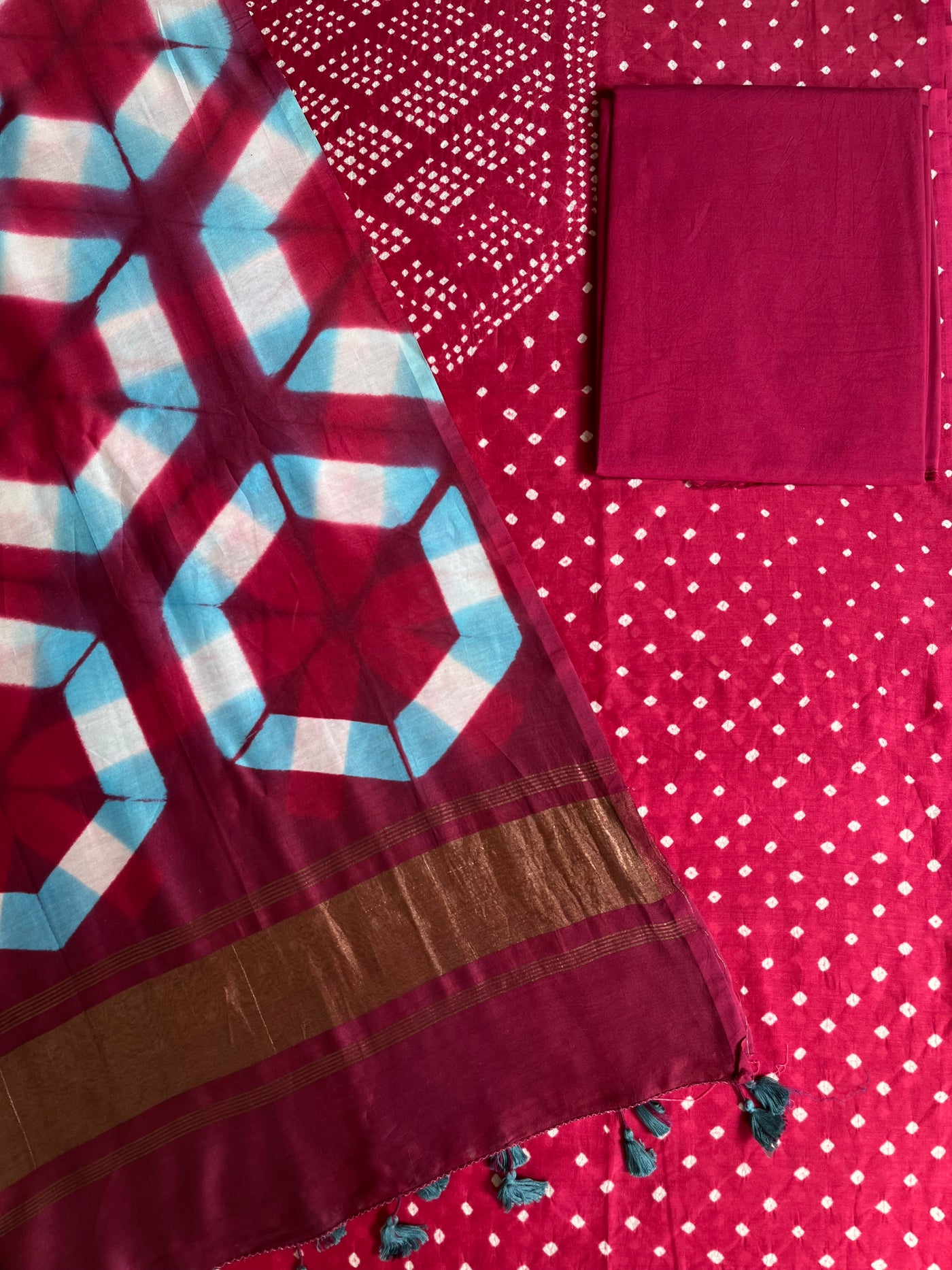 RASHMI :Handmade Designer Bandhnai- Clamp Chanderi Silk- Cott 3 Piece Suit Set.