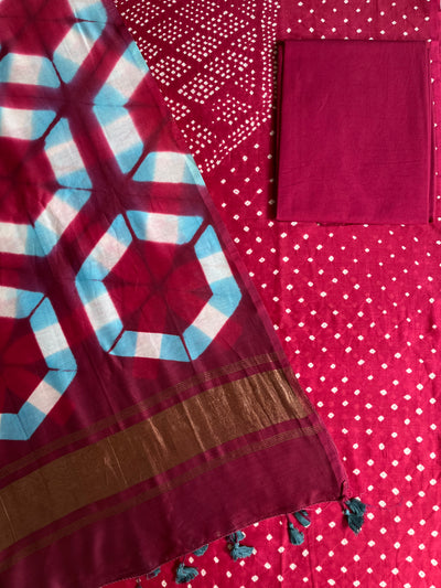 RASHMI :Handmade Designer Bandhnai- Clamp Chanderi Silk- Cott 3 Piece Suit Set.