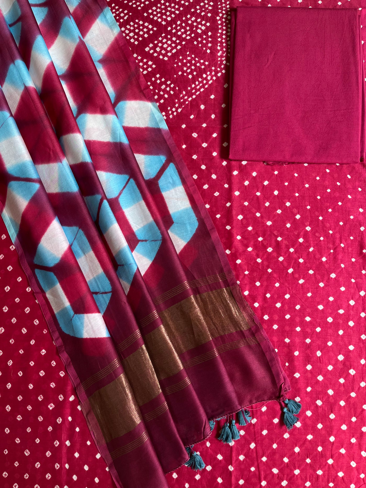 RASHMI :Handmade Designer Bandhnai- Clamp Chanderi Silk- Cott 3 Piece Suit Set.