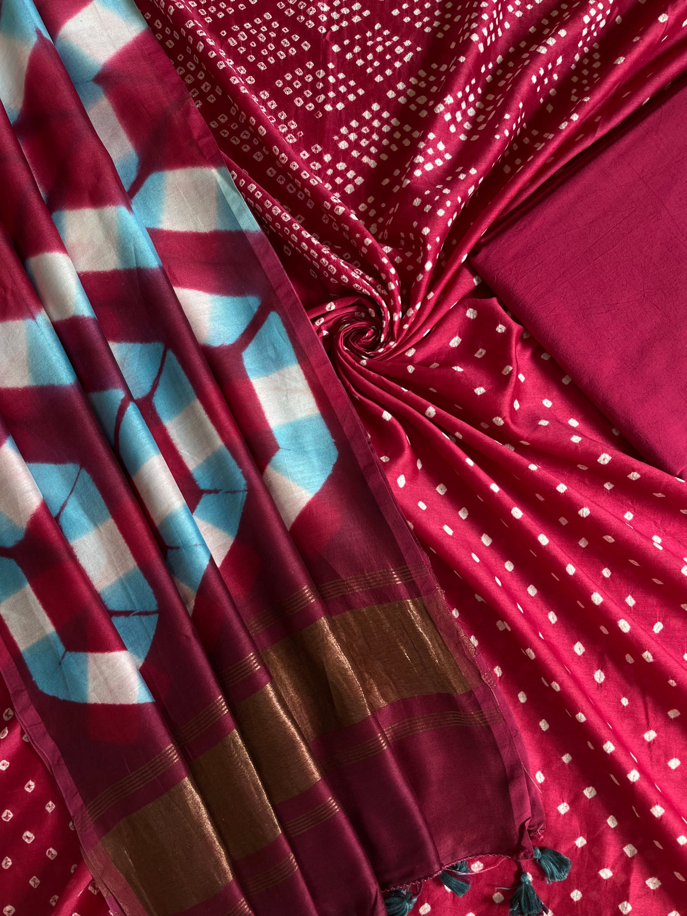 RASHMI :Handmade Designer Bandhnai- Clamp Chanderi Silk- Cott 3 Piece Suit Set.