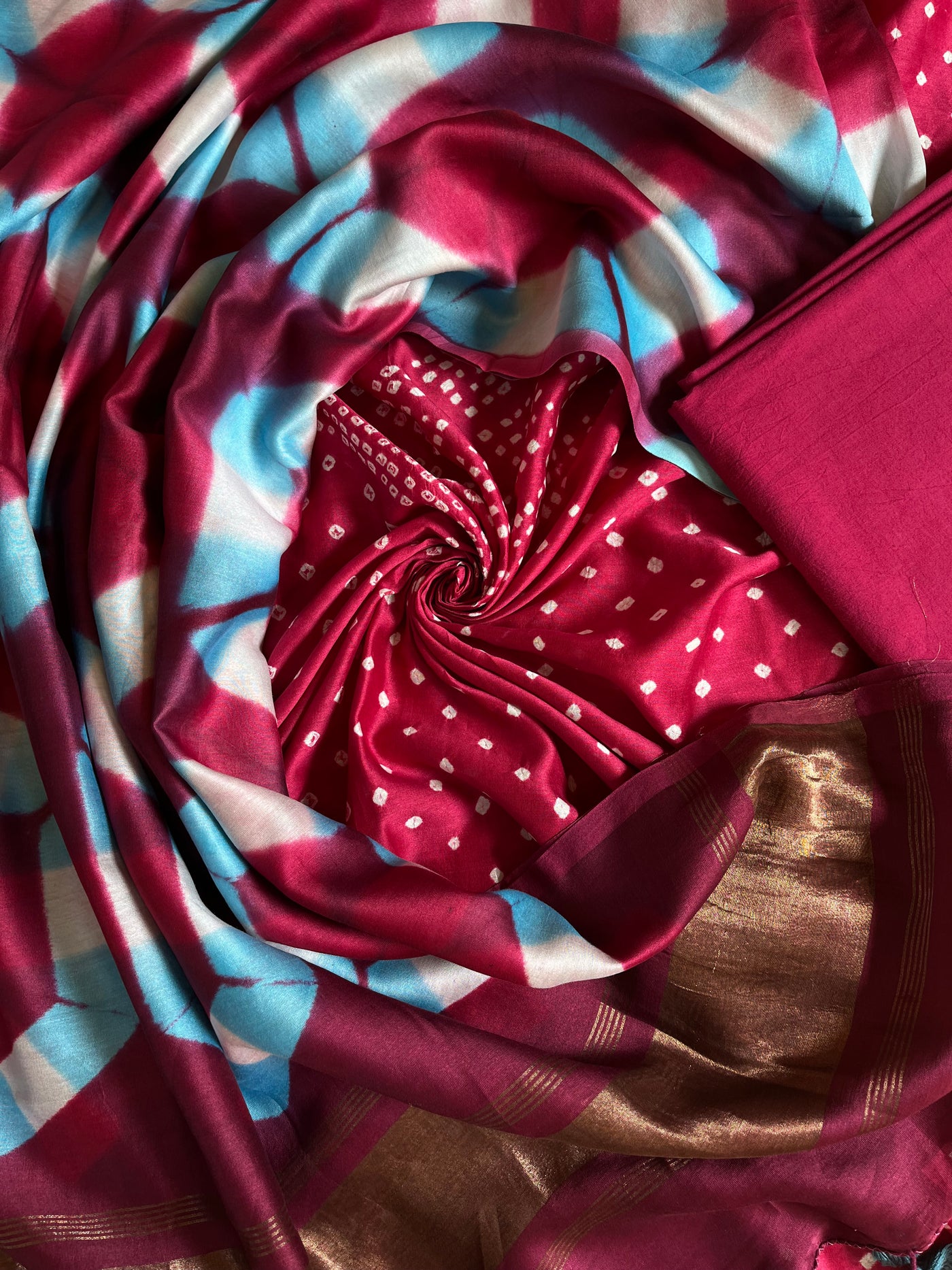 RASHMI :Handmade Designer Bandhnai- Clamp Chanderi Silk- Cott 3 Piece Suit Set.