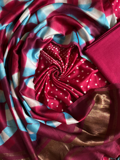 RASHMI :Handmade Designer Bandhnai- Clamp Chanderi Silk- Cott 3 Piece Suit Set.