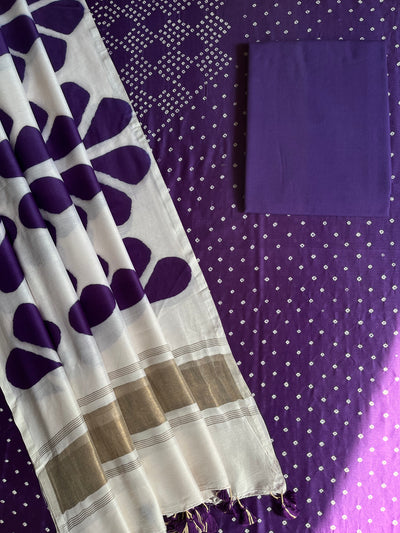 URVASHI :Handmade Designer Bandhnai- Clamp Chanderi Silk- Cott 3 Piece Suit Set.
