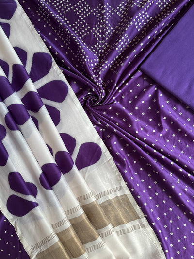 URVASHI :Handmade Designer Bandhnai- Clamp Chanderi Silk- Cott 3 Piece Suit Set.